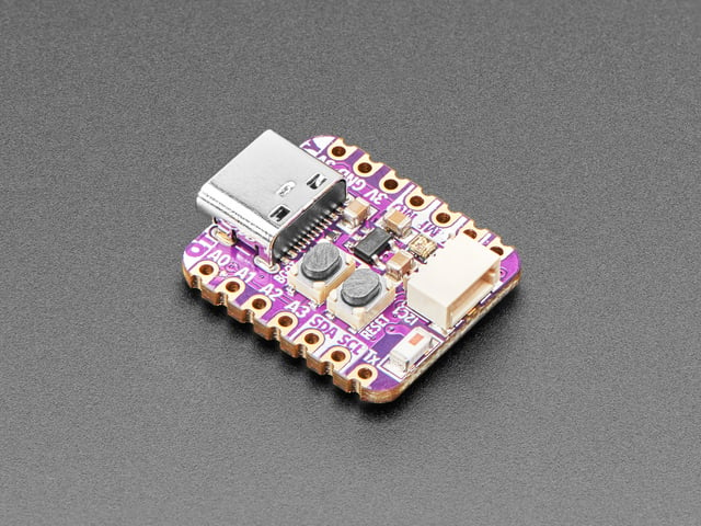 Angled shot of purple, square-shaped microcontroller.