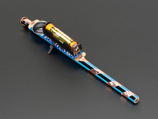 Assembled Drawdio kit on a blue pencil with copper tape wrapped around it.