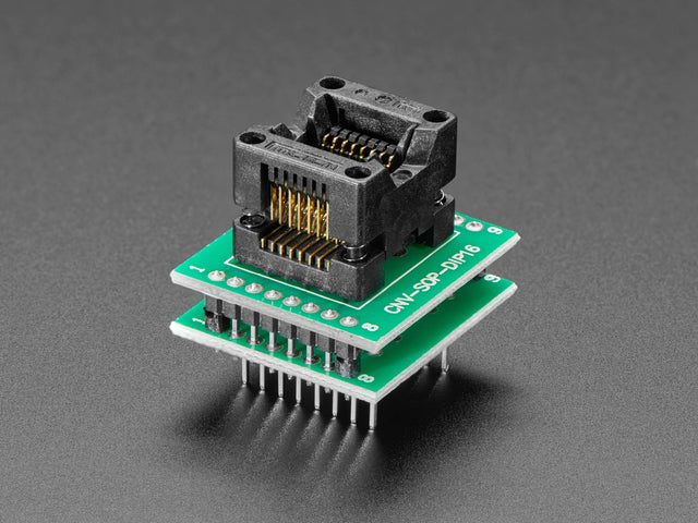 Angle shot of Test Socket - SOIC-16 Narrow Breakout with soldered on header.