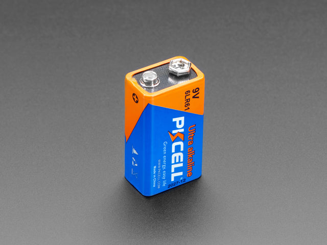 Angle shot of PKcell 9V battery.