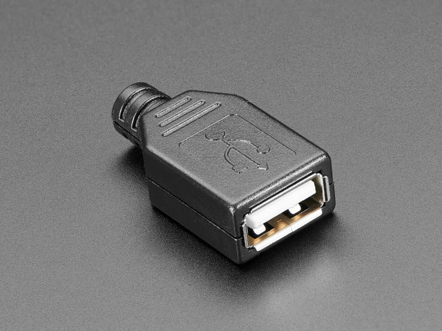 Angled shot of an assembled USB DIY Connector Shell with a Type A Male Socket. The male plug faces the camera at an angle.