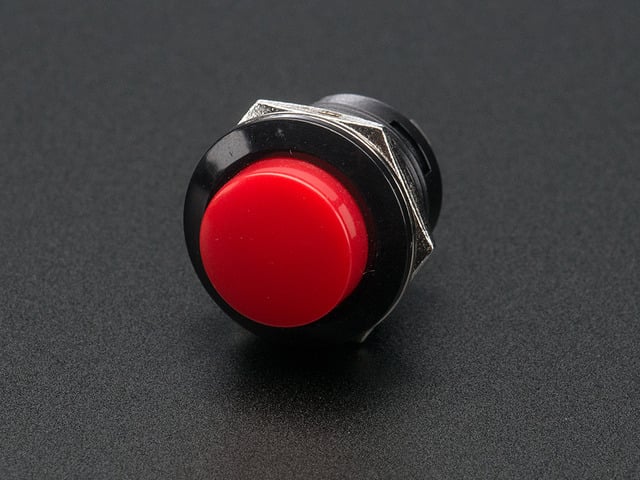 Angled shot of 16mm red panel mount pushbutton.