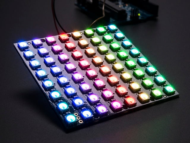 Adafruit NeoPixel NeoMatrix 8x8 - 64 RGB LED Pixel Matrix lit up rainbow