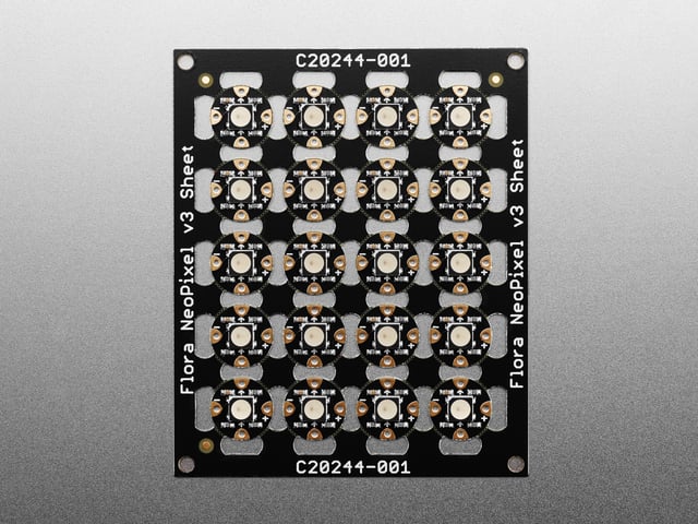 Overhead shot of PCB of 20 break-off LEDs.