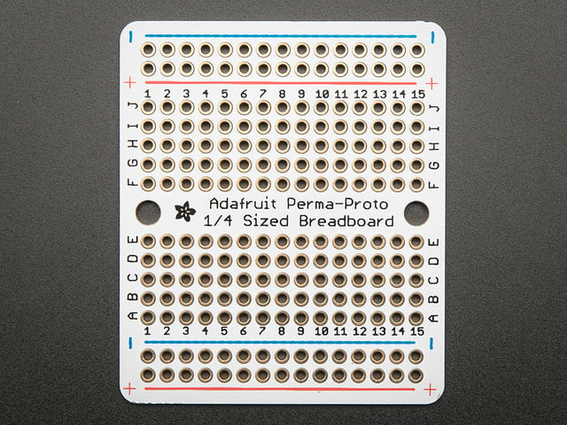 Top view of Adafruit Perma-Proto Quarter-sized Breadboard PCB.