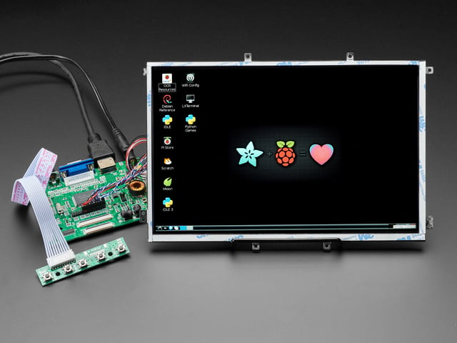 PAL. The HDMI screen displays a desktop image including the Adafruit logo, the Raspberry Pi logo, and a pink heart.