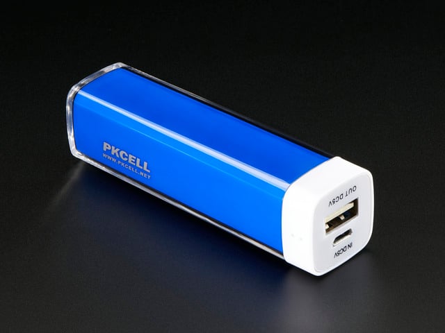 Angled shot of a blue long rectangular USB battery pack.