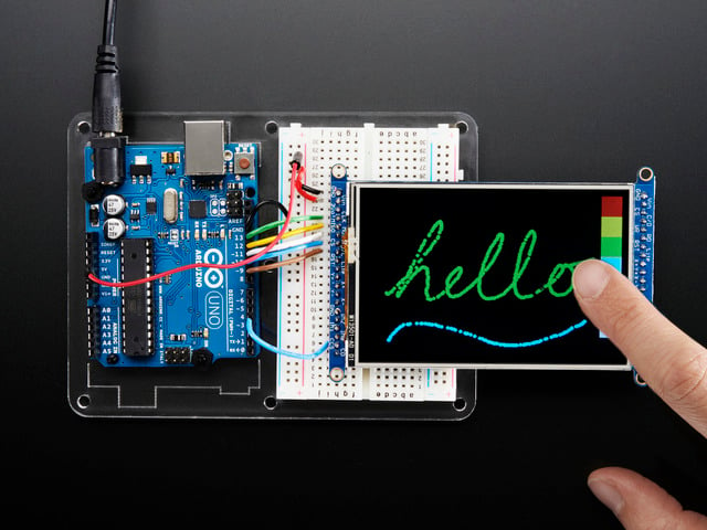 TFT breakout wired to arduino, hand drawing a cursive hello using touchscreen