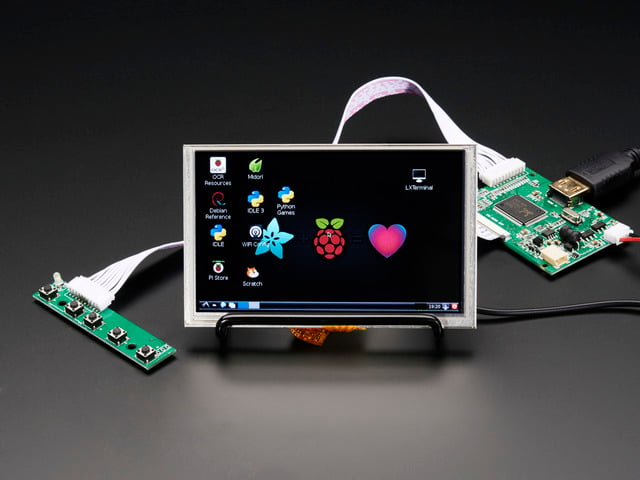 Touch and Mini Driver. The HDMI screen displays a desktop image including the Adafruit logo, the Raspberry Pi logo, and a pink heart.