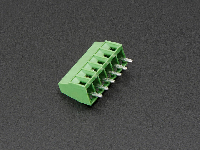 Angled shot of single green 6-pin 2.54mm terminal block.