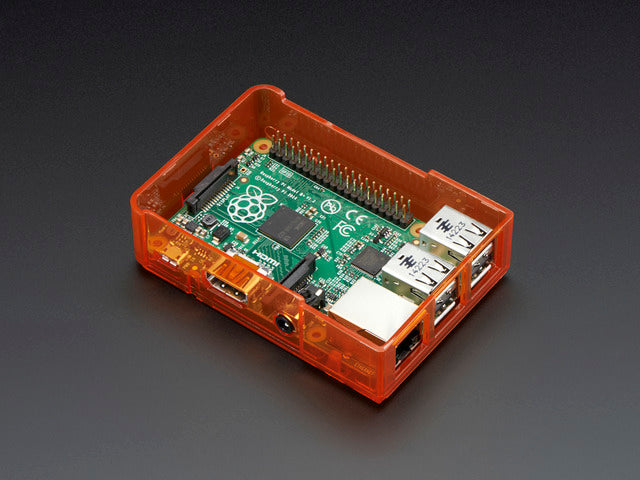 Angled shot of assembled orange Pi Model B+ / Pi 2 / Pi 3 Case Base without lid.