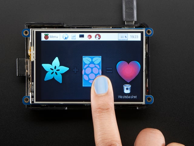 Blue polished finger touching the PiTFT Plus 480x320 3.5" TFT+Touchscreen for Raspberry Pi. 