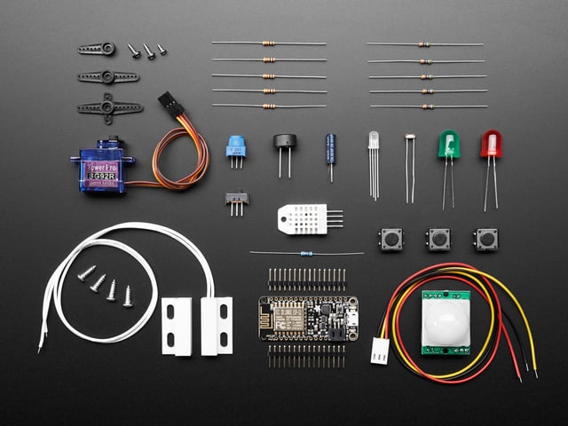 Top view of kit contents for Huzzah! Adafruit.io Internet of Things Feather ESP8266 - WiFi Starter Kit.