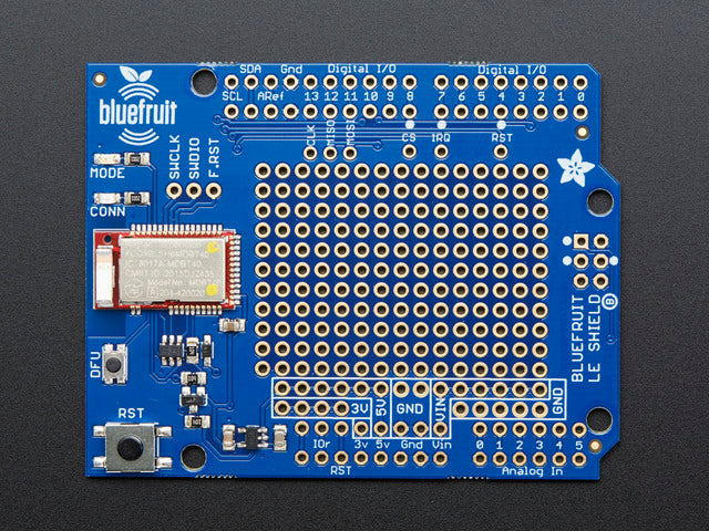 Close up of a Side view of a Adafruit Bluefruit LE Shield - Bluetooth LE for Arduino. 
