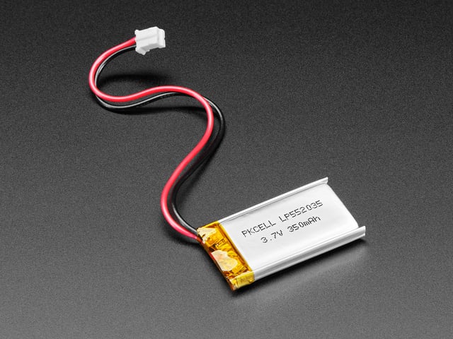 Angled shot of a rectangular lipo battery with a 2-pin JST connector. The battery specs are listed on the body: 3.7V 250mAh.