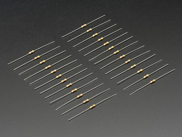 Angled shot of 25 Through-Hole Resistors - 470 ohm 5% 1/4W.