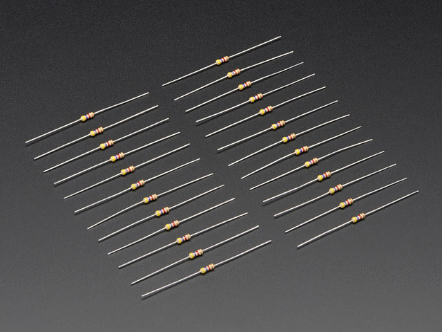 Angled of shot 25 Through-Hole Resistors - 4.7K ohm 5% 1/4W.