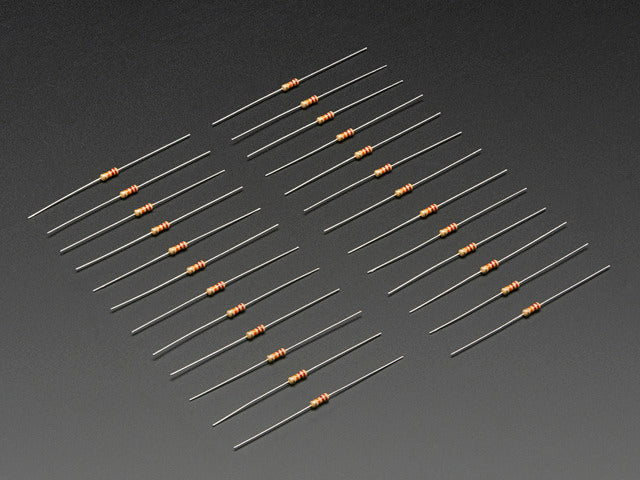 Angled shot of 25 Through-Hole Resistors - 42K ohm 5% 1/4W.