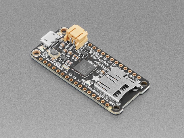 Angled shot of rectangular microcontroller with a MicroSD card installed.