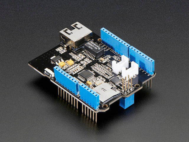 Angled shot of a Ethernet Shield for Arduino.