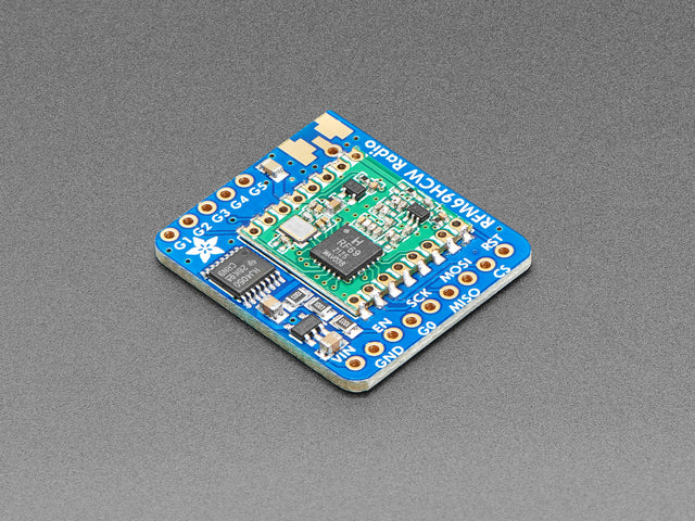 Angled shot of a Adafruit RFM69HCW Transceiver Radio Breakout.