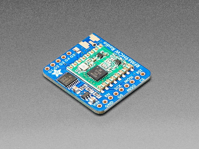 Angled shot of a Adafruit RFM69HCW Transceiver Radio Breakout - 433 MHz. 