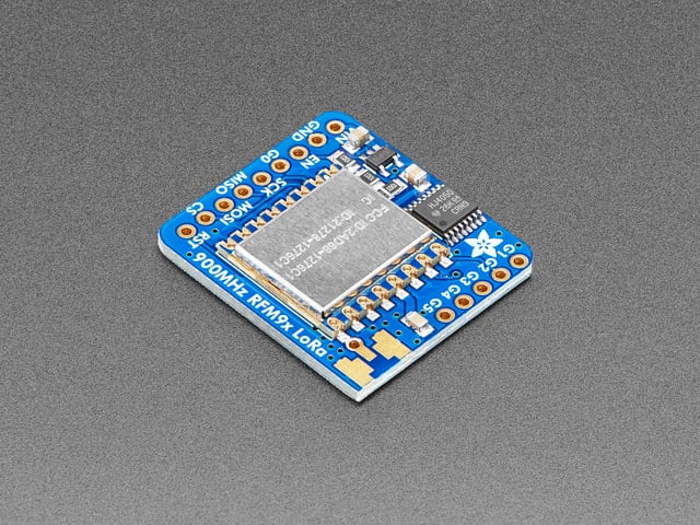 Angled shot of a Adafruit RFM95W LoRa Radio Transceiver Breakout.