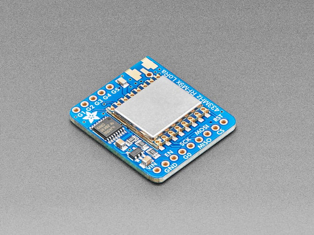 Angled shot of a Adafruit RFM96W LoRa Radio Transceiver Breakout. 