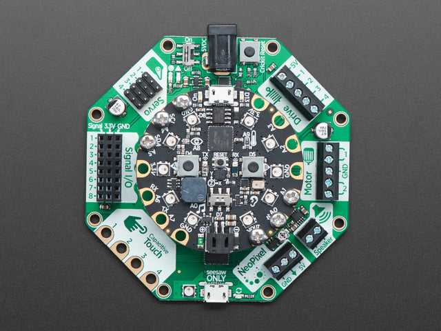 Top down view of a Adafruit CRICKIT for Circuit Playground Express with a circular board connected. 