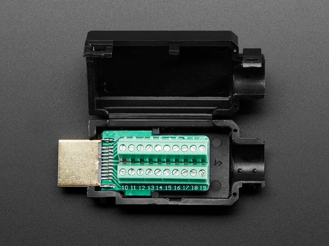 Top view of an opened up HDMI Plug to Terminal Block Breakout.