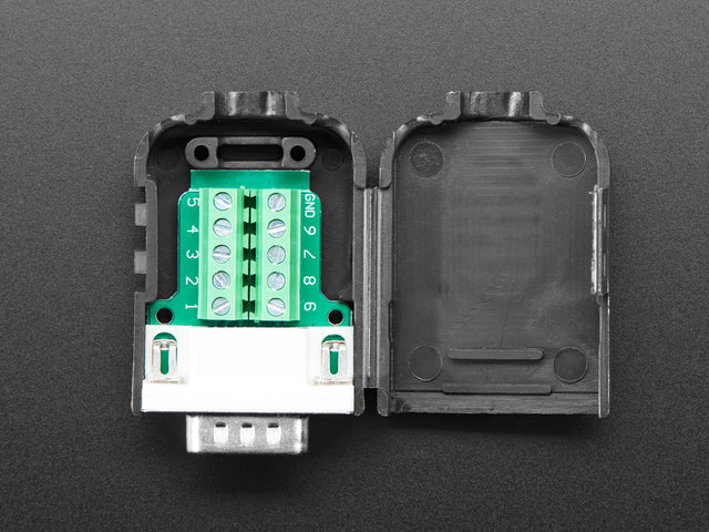 Top view of opened up DE-9 (DB-9) Male Plug to Terminal Block Breakout