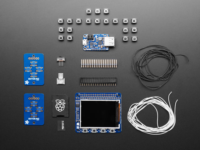 Top down view of components included in a Pi GRRL Zero kit. 