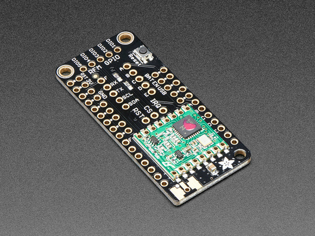 Angled shot of a Adafruit Radio FeatherWing - RFM69HCW 433MHz - RadioFruit. 