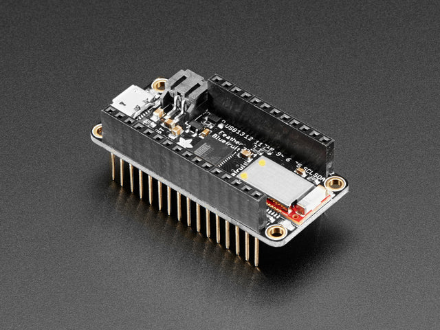 Angled shot of rectangular microcontroller with headers. 