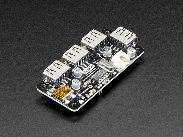 Angled shot of a Zero4U - 4 Port USB Hub for Raspberry Pi Zero.