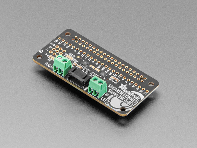 Angled shot of long, rectangular speaker breakout board with pre-soldered green terminal blocks.