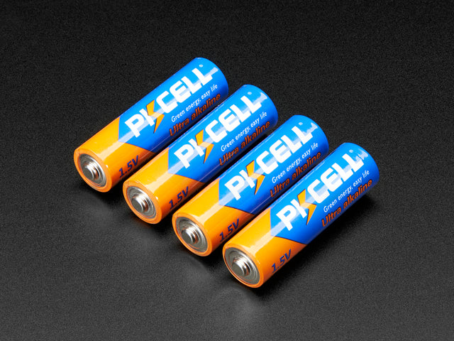 Angled shot of 4 Piscell AA batteries. 