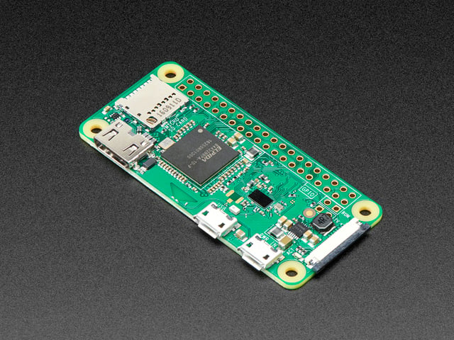 Angled shot of Raspberry Pi Zero W computer.