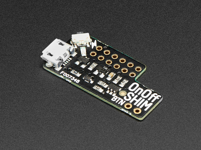 Angled shot of a Pimoroni OnOff SHIM for Raspberry Pi. 