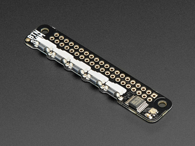 Angled shot of a Pimoroni Button SHIM for Raspberry Pi. 