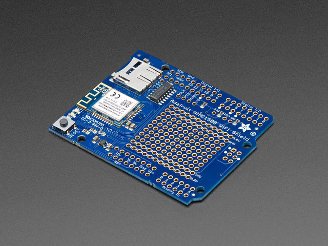 Angled shot of a Adafruit WINC1500 WiFi Shield with PCB Antenna. 