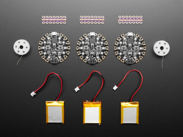 E-Textiles Student Kit contents include 3x Circuit Playground Classic

2x Stainless Thin Conductive Thread - 2 ply - 23 meter/76 ft

3x Lithium Ion Polymer Battery - 3.7v 500mAh

3x LilyPad Rainbow LED (6 Colors)