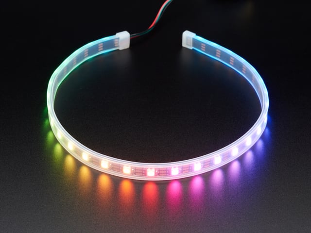 Adafruit NeoPixel LED Strip with 3-pin JST PH Connector lit up rainbow