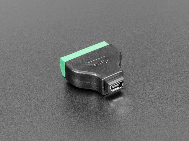 angled shot of USB Mini B Female Socket to 5-pin Terminal Block