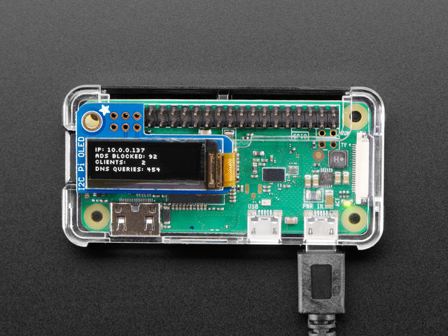 Top-down view of Mini Monochrome PiOLED Ad Blocking Pi-Hole Kit assembled. 