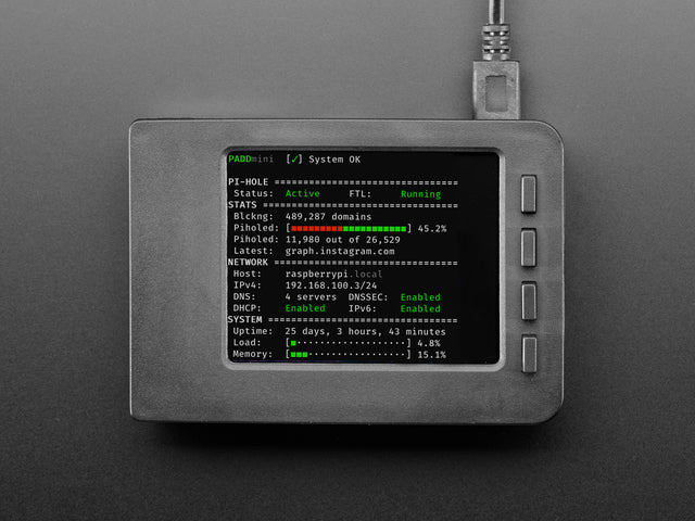 Enclosed Raspberry Pi with TFT showing some text about ad-blocking stats.