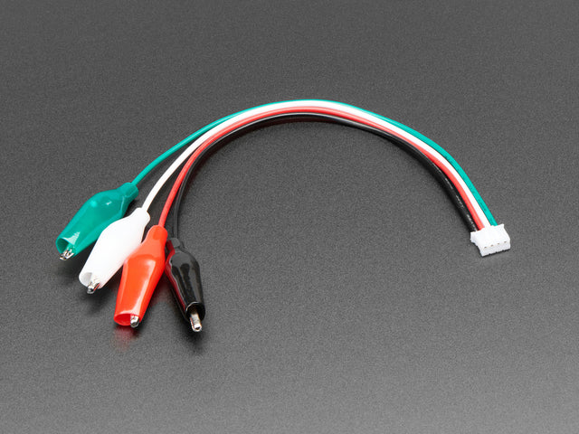 Angled shot of JST PH 4-pin Plug to Color Coded Alligator Clips Cable.