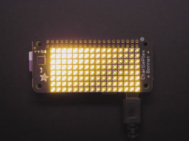 Top down view of a Adafruit CharliePlex LED Matrix Bonnet illuminating warm white. 