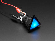 Angled shot of a blue triangle illuminated LED pushbutton. 