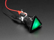 Angled shot of a green triangle illuminated LED pushbutton. 